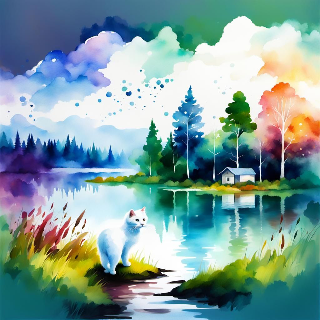 Watercolor Landscape with Cat: Digital Matte Painting