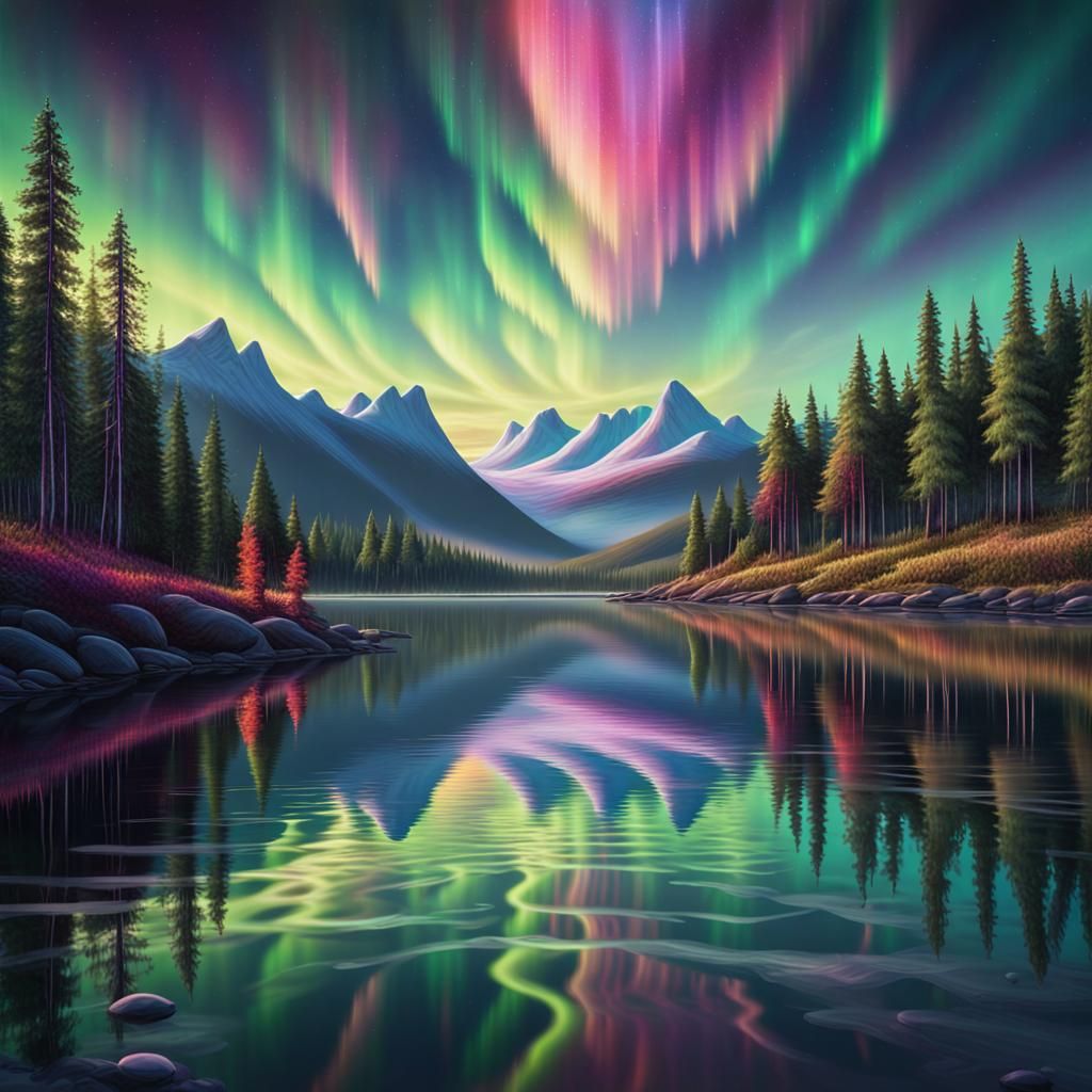 Aurora Borealis Sunset Reflected: Cosmic Illustration