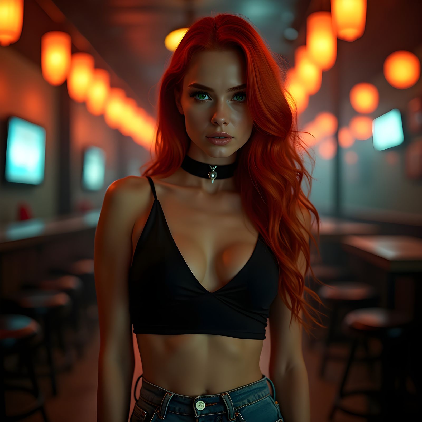 Red-Haired Woman in Nightclub, Hyperrealistic HDR Portrait