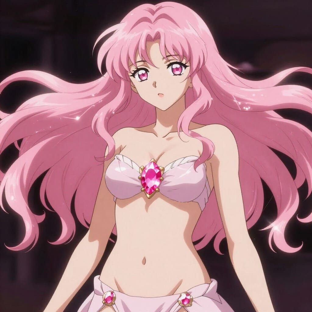 Radiant Goddess of Love with Pink Gem and Hair in Anime Styl...