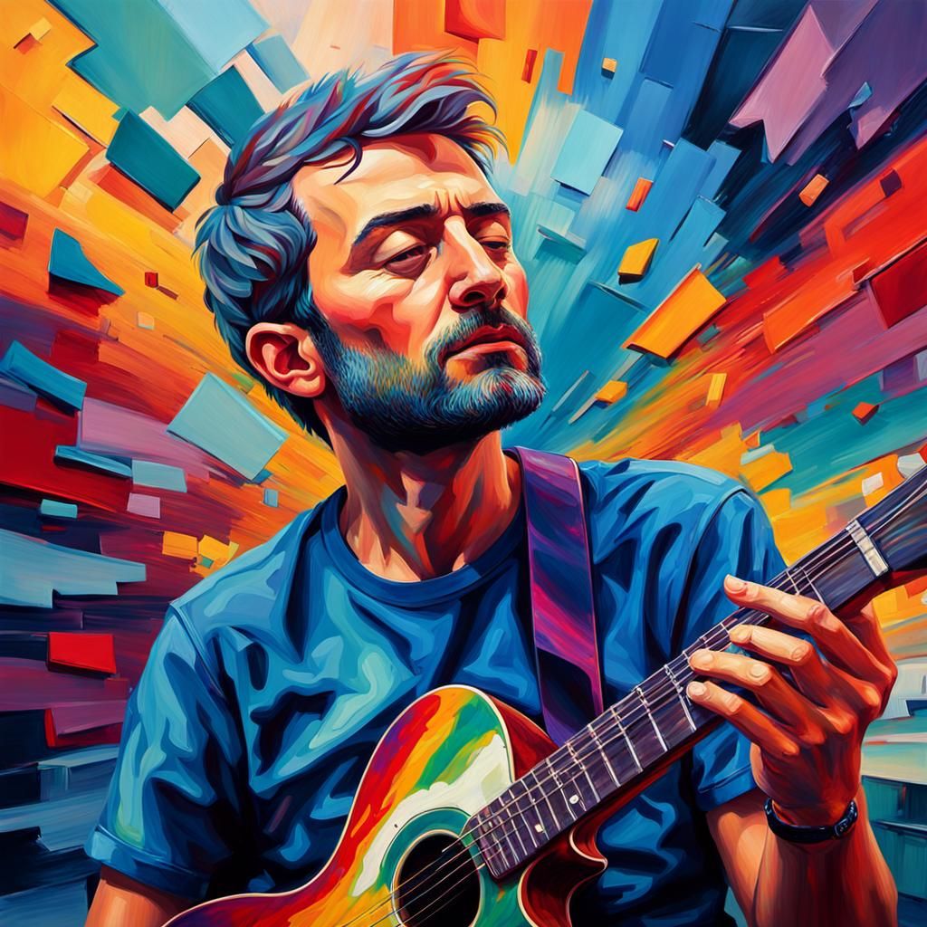 Stylized Hyperrealistic Portrait of a Musician in a Vibrant...