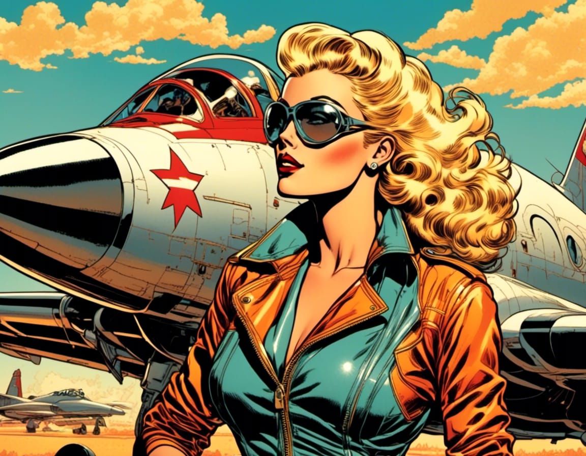 1950s Aviator Girl in Retro Comic Book Style