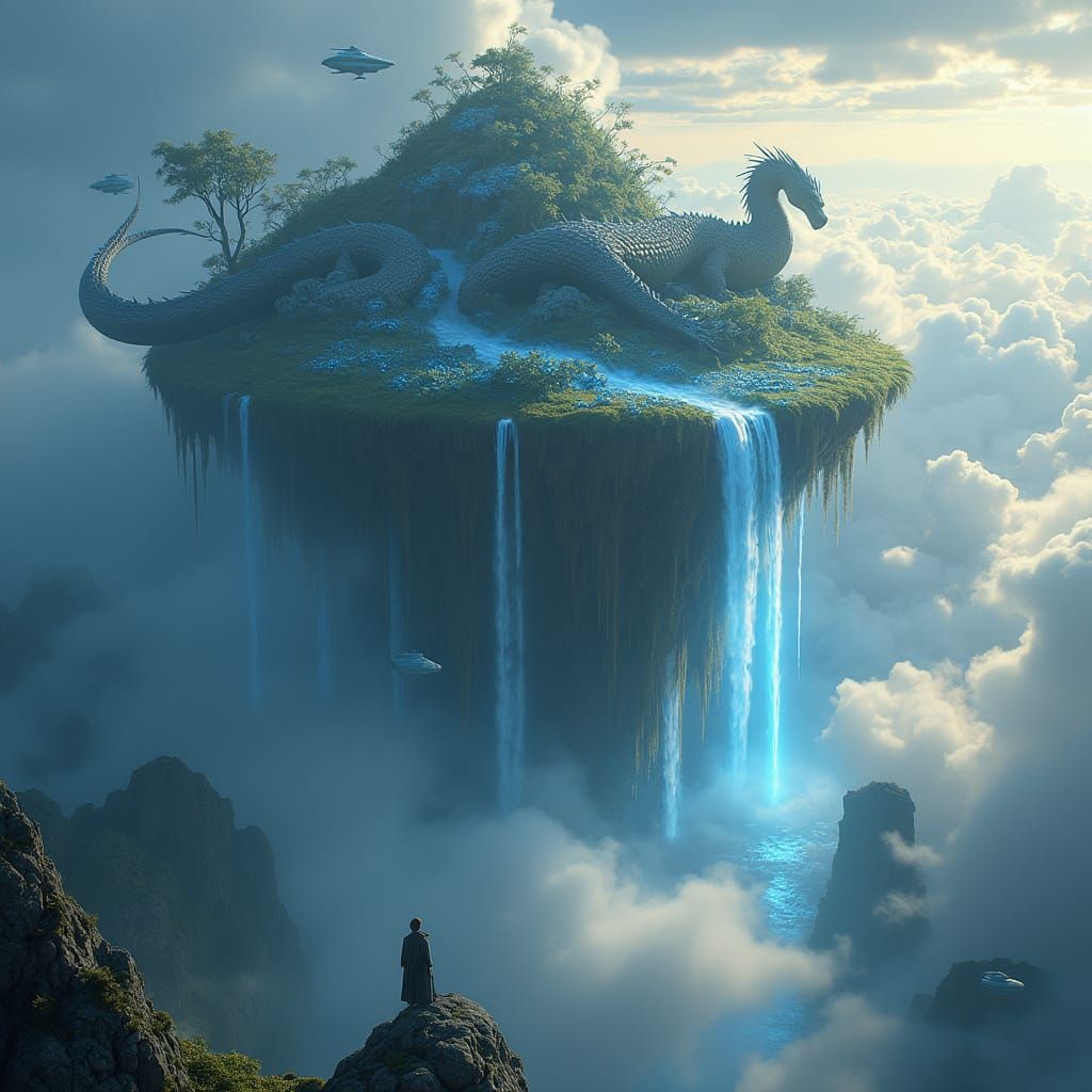 Colossal Dragon Sleeps Under Floating Island with Waterfalls