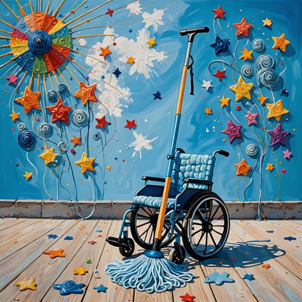 Whimsical Mop and Wheelchair Cartoon in Triadic Colors