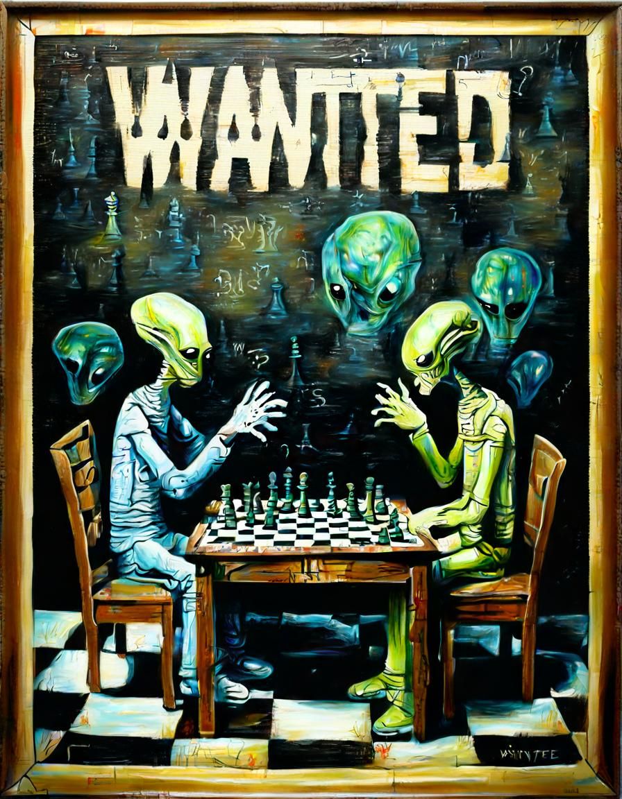 Aliens Playing Chess in Tense Oil Painting