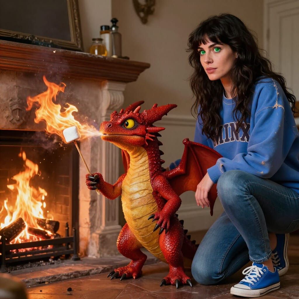 Red Dragon Roasts Marshmallow with Woman by Fireplace
