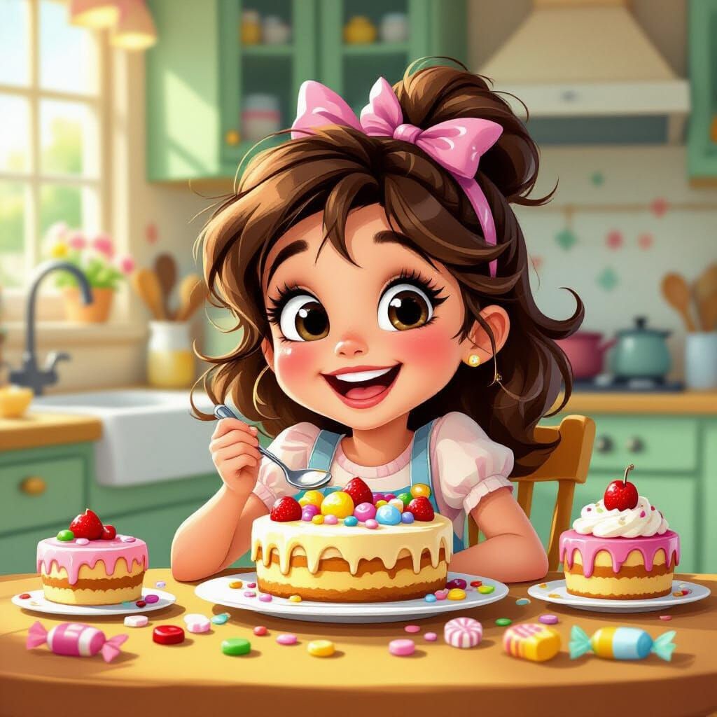 Happy Girl Enjoys Cakes in Whimsical Cartoon Kitchen