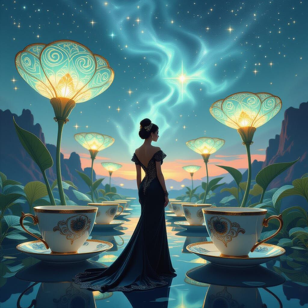 Art Nouveau Figure in Surreal Bioluminescent Garden