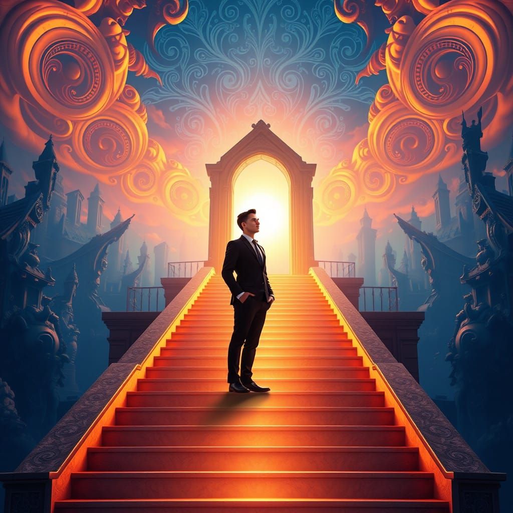 Young Professional Stands at Threshold of Success in Vibrant...