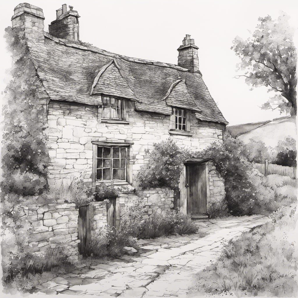 Cotswolds Cottage in Black and White Ink