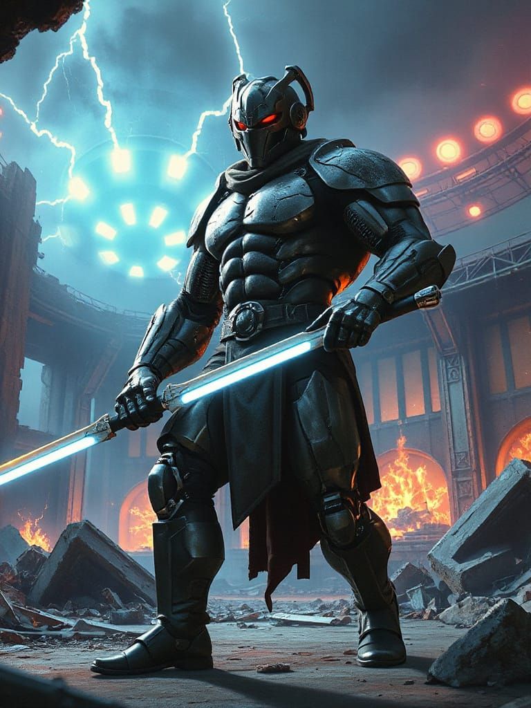 Cyborg Gladiator in Ruined Arena with Plasma Sword