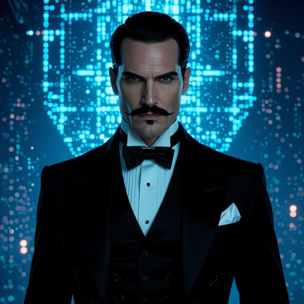 Neo-Victorian Man with Glitch Hologram Projection