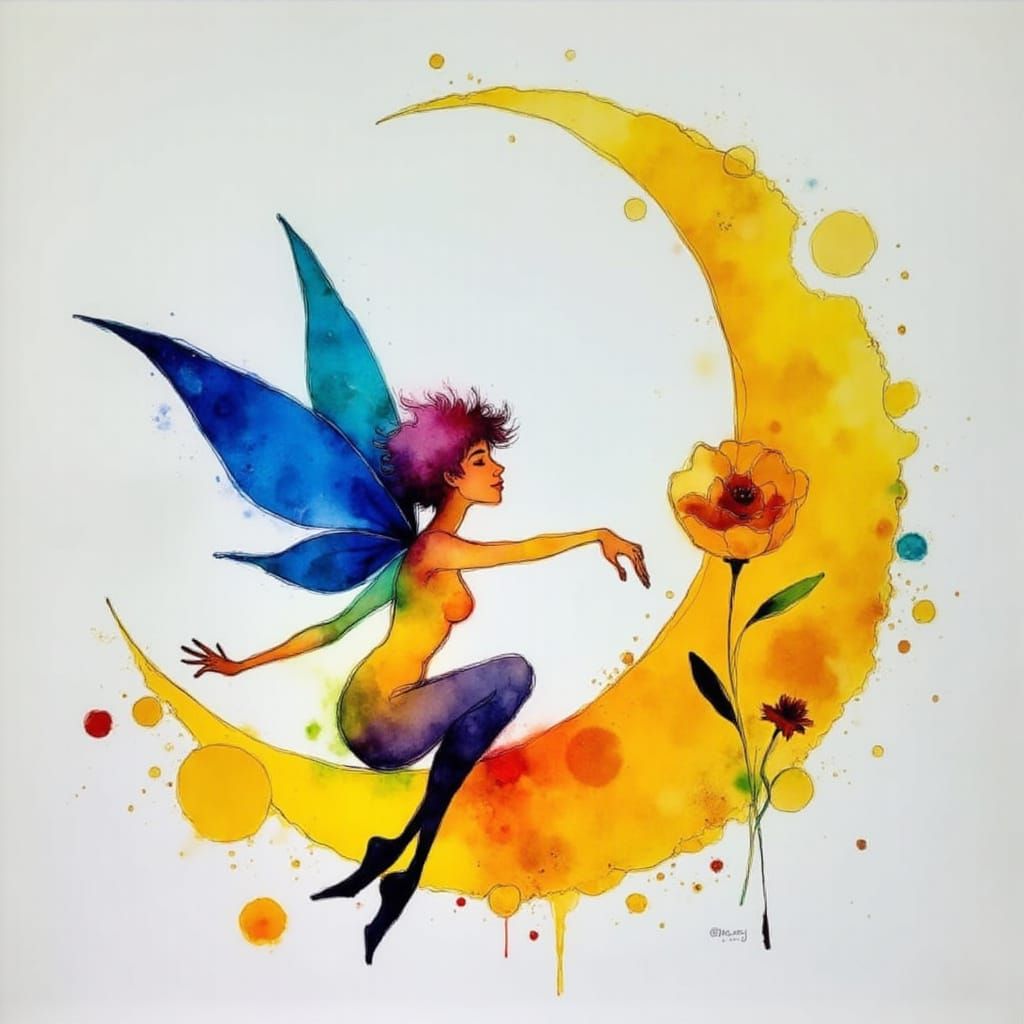 Excited Pixie on Moon in Alcohol Ink Style