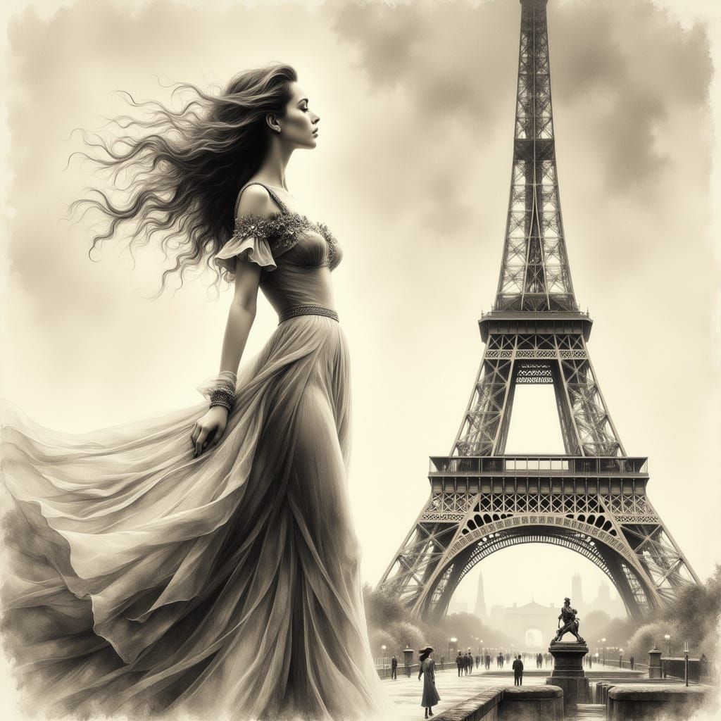 Elegant Woman in 1950s Style Pencil Sketch