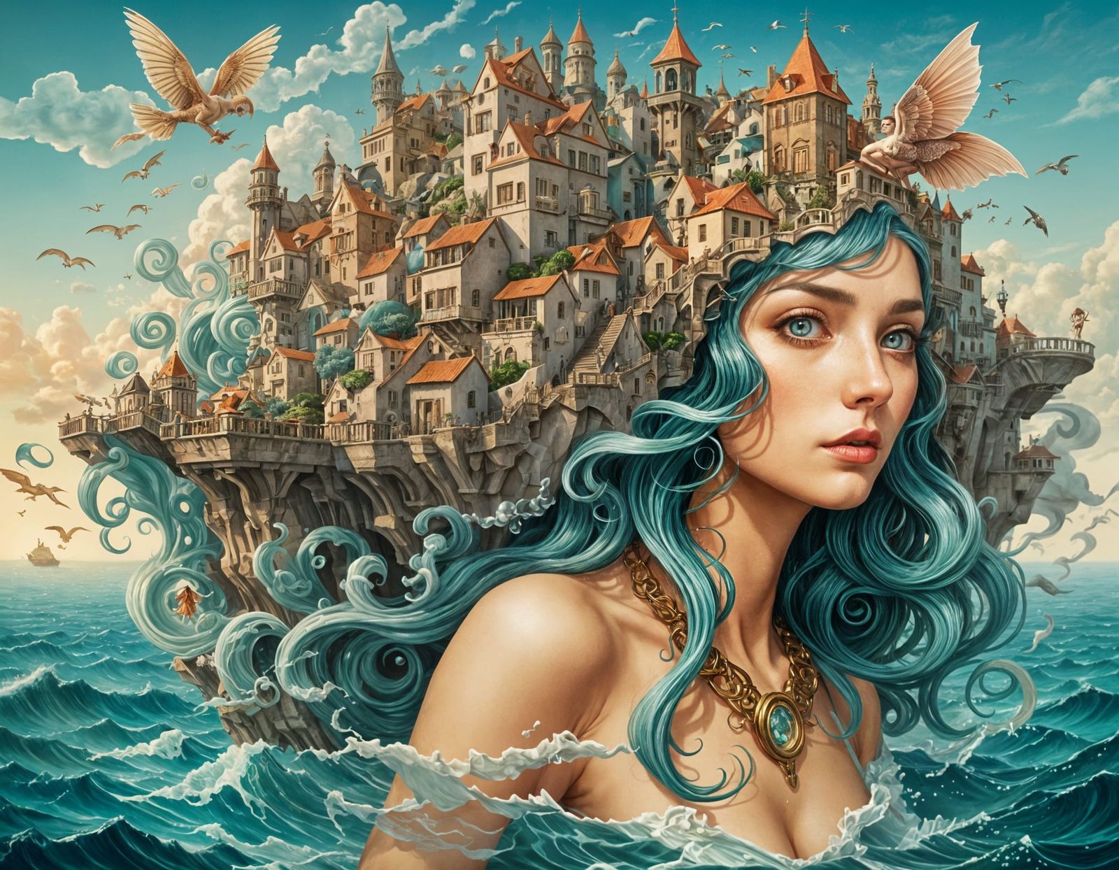 Surreal Slanted Ocean with Escher-esque Elements