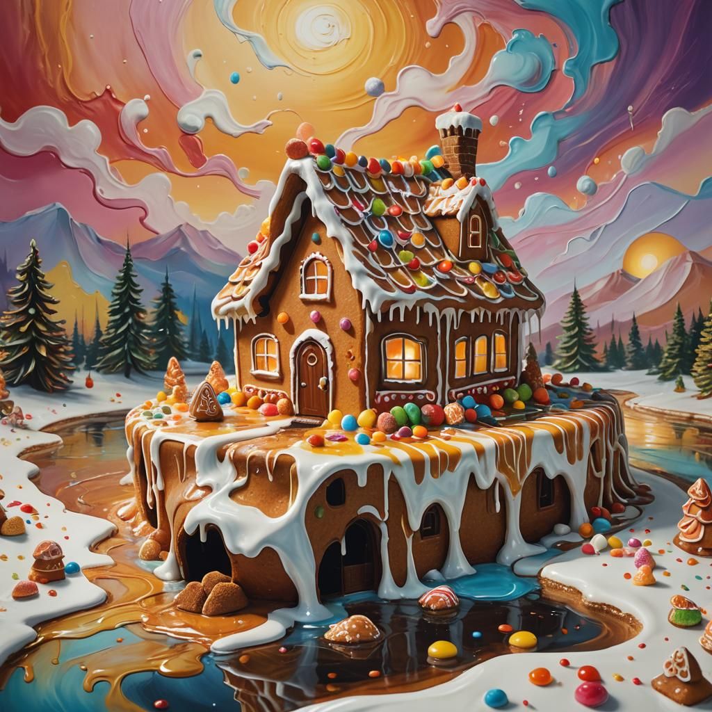 Melting Gingerbread House in Surreal Impressionist Style