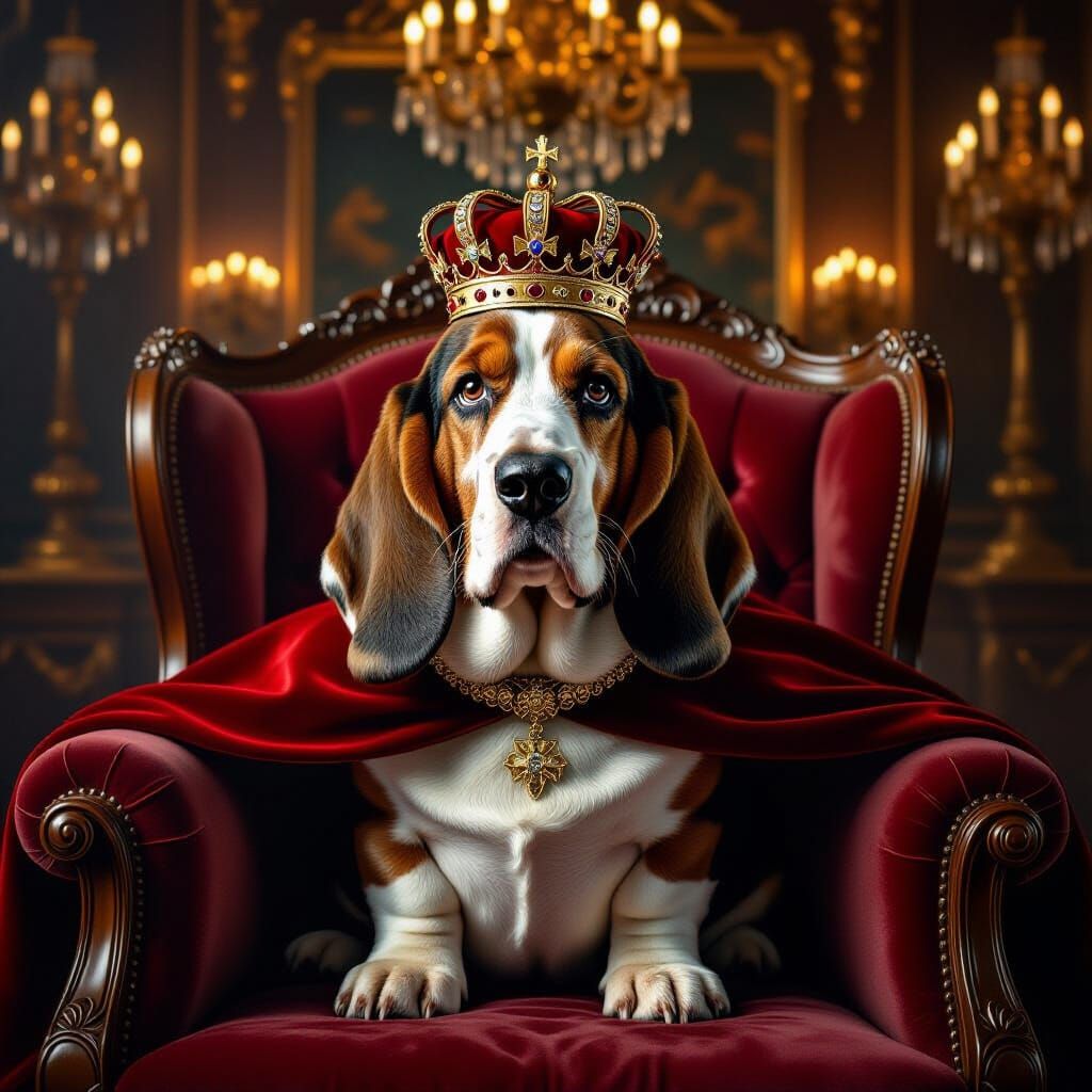 Regal Basset Hound in Crown and Cape on Antique Chair