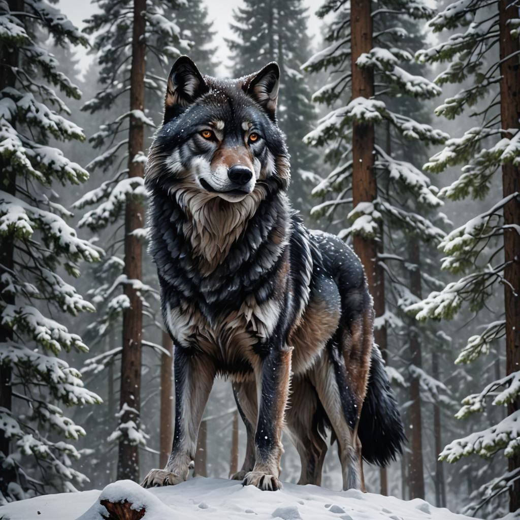 Majestic Dark Grey Wolf in Snowy Forest, Watercolor