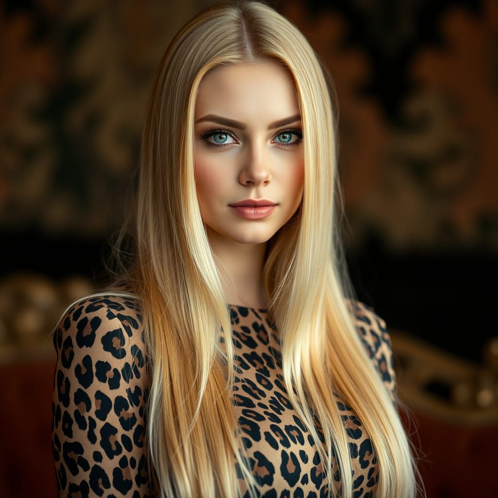Sultry Russian Beauty in Leopard Dress and Bold Makeup