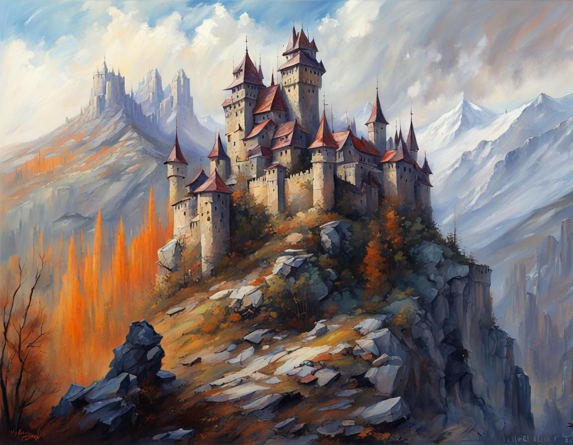 Medieval Castle in Mountains: Fantasy Acrylic Painting