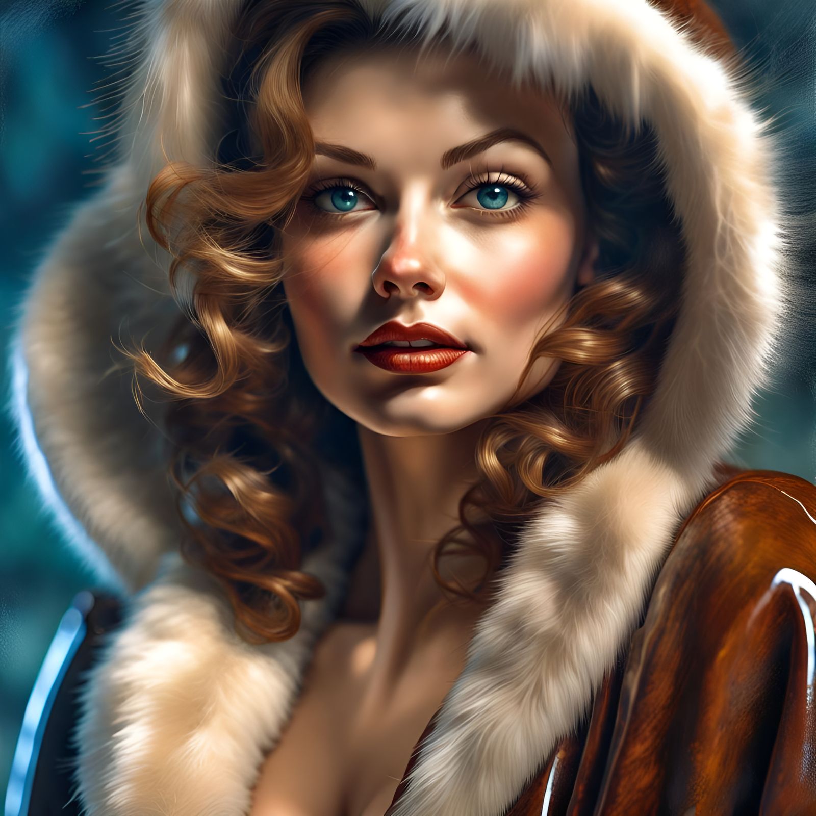 Glamorous Woman in Mink and Bikini, Digital Illustration