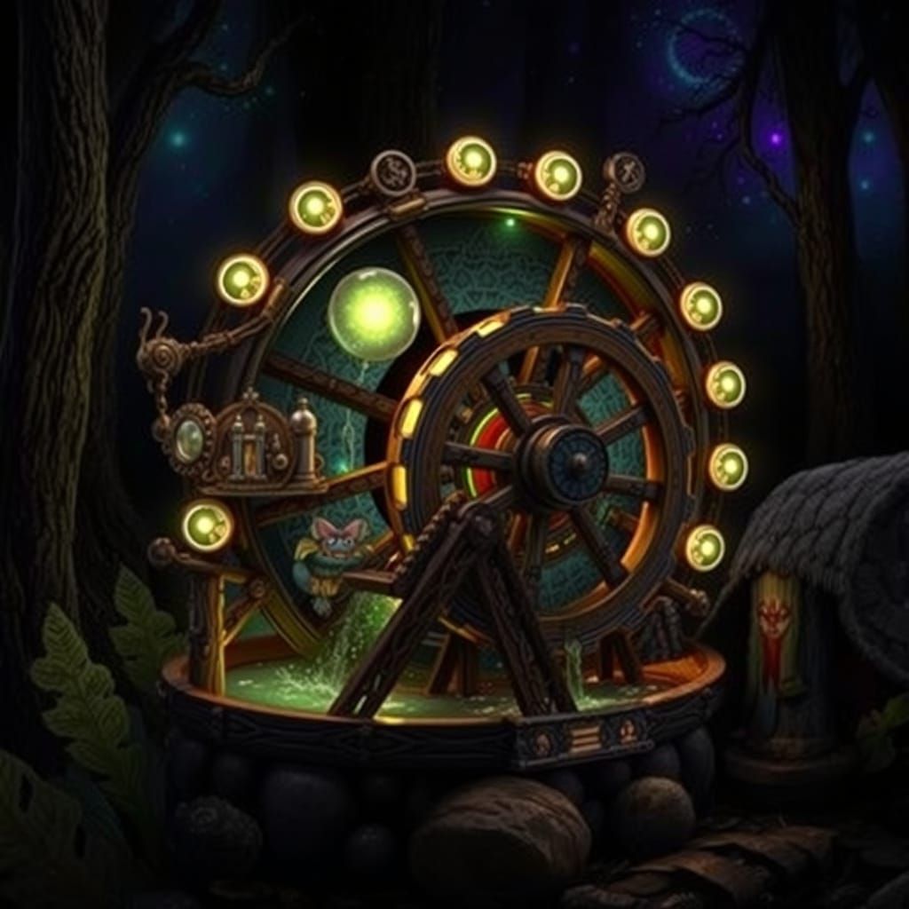Whimsical Waterwheel in a Dreamlike Landscape