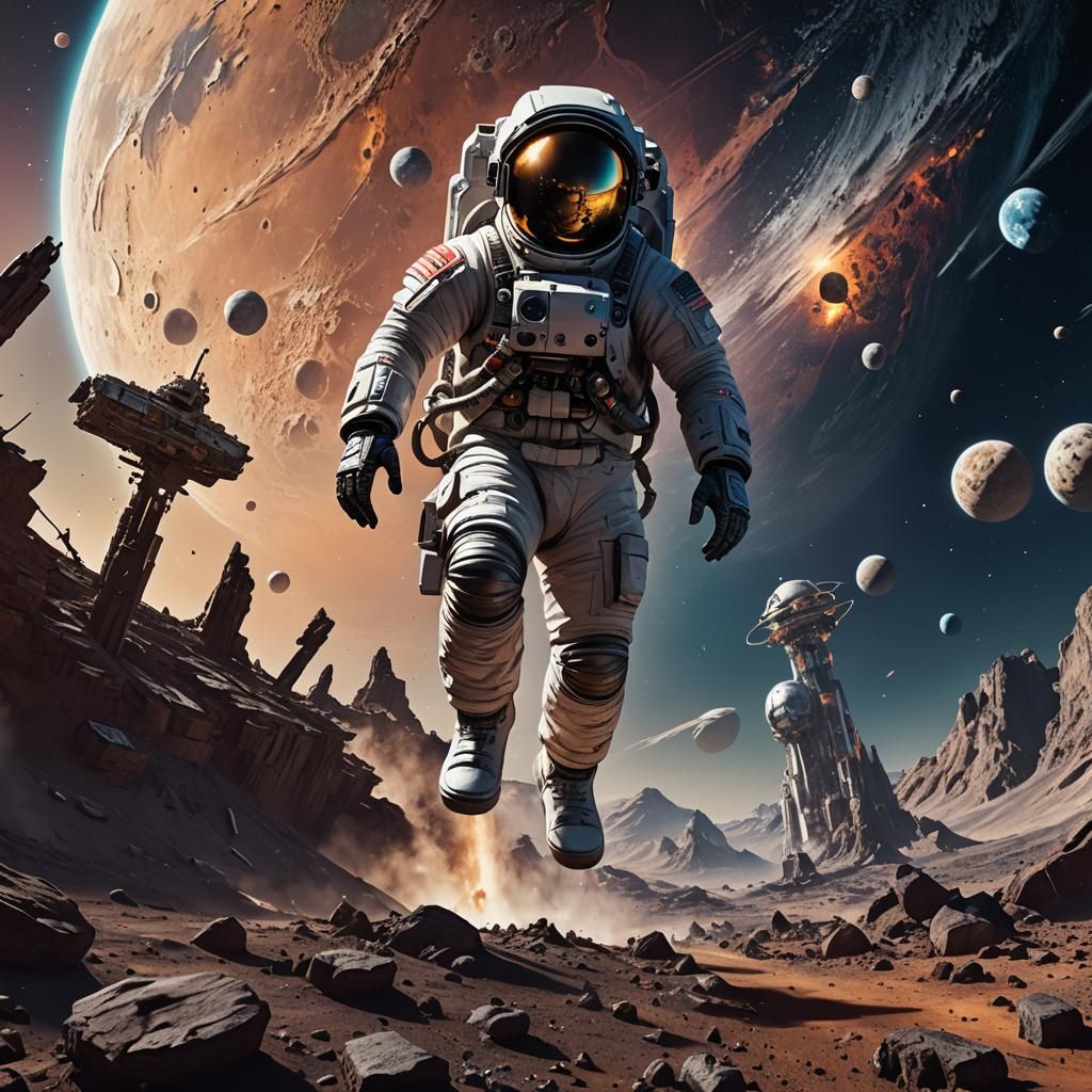 Astronaut and Rocket to Space Planet in Detailed Painting