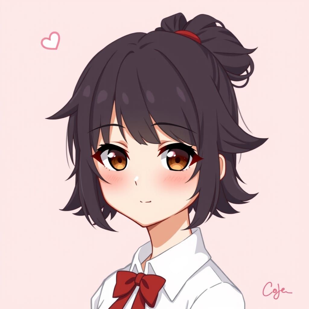 Anime Portrait of Woman with Dark Hair and Pink Heart
