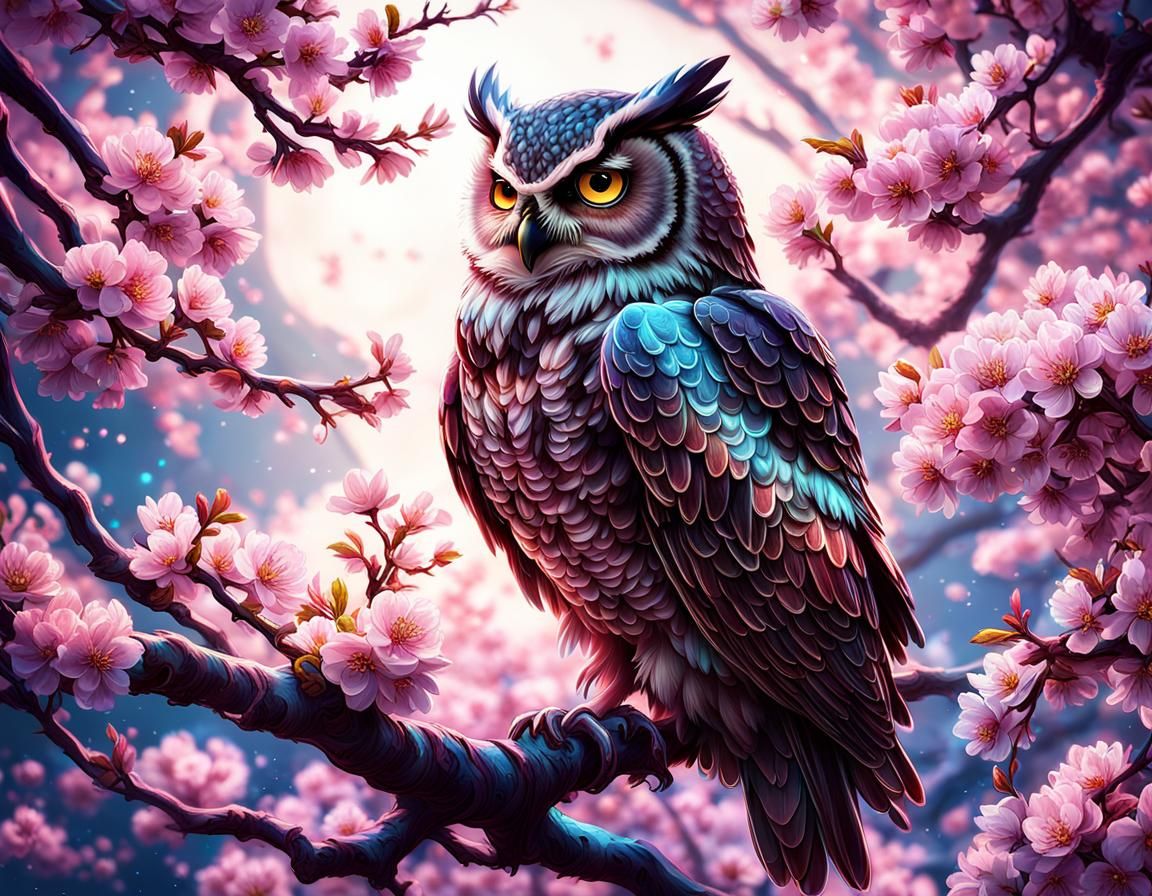 Bioluminescent Owl Perched on Cherry Blossom Tree