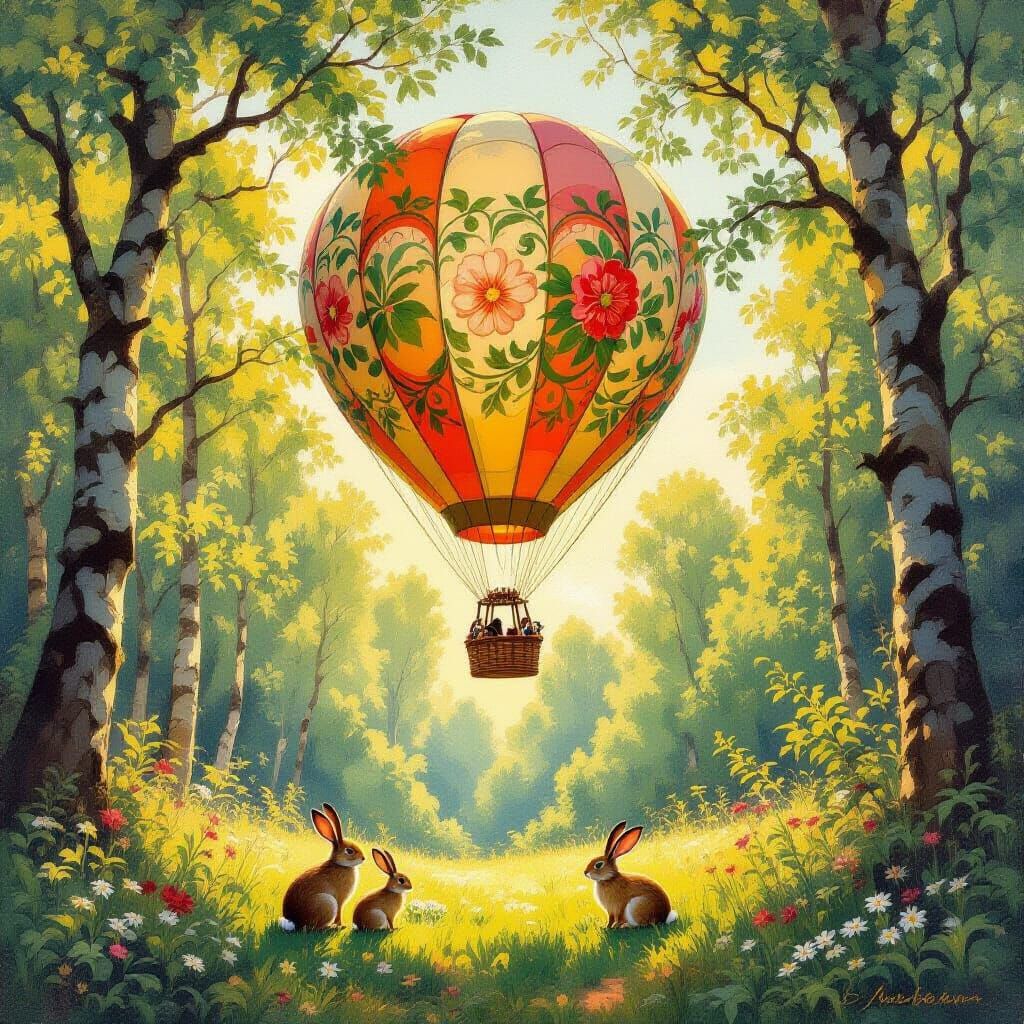 Vintage Hot Air Balloon Over Forest in Monet Style