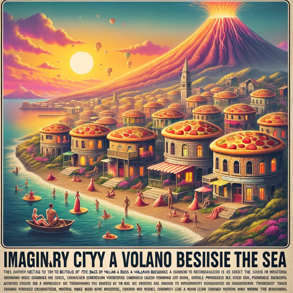 Retro Travel Poster: Pizza City by Volcano at Sunset