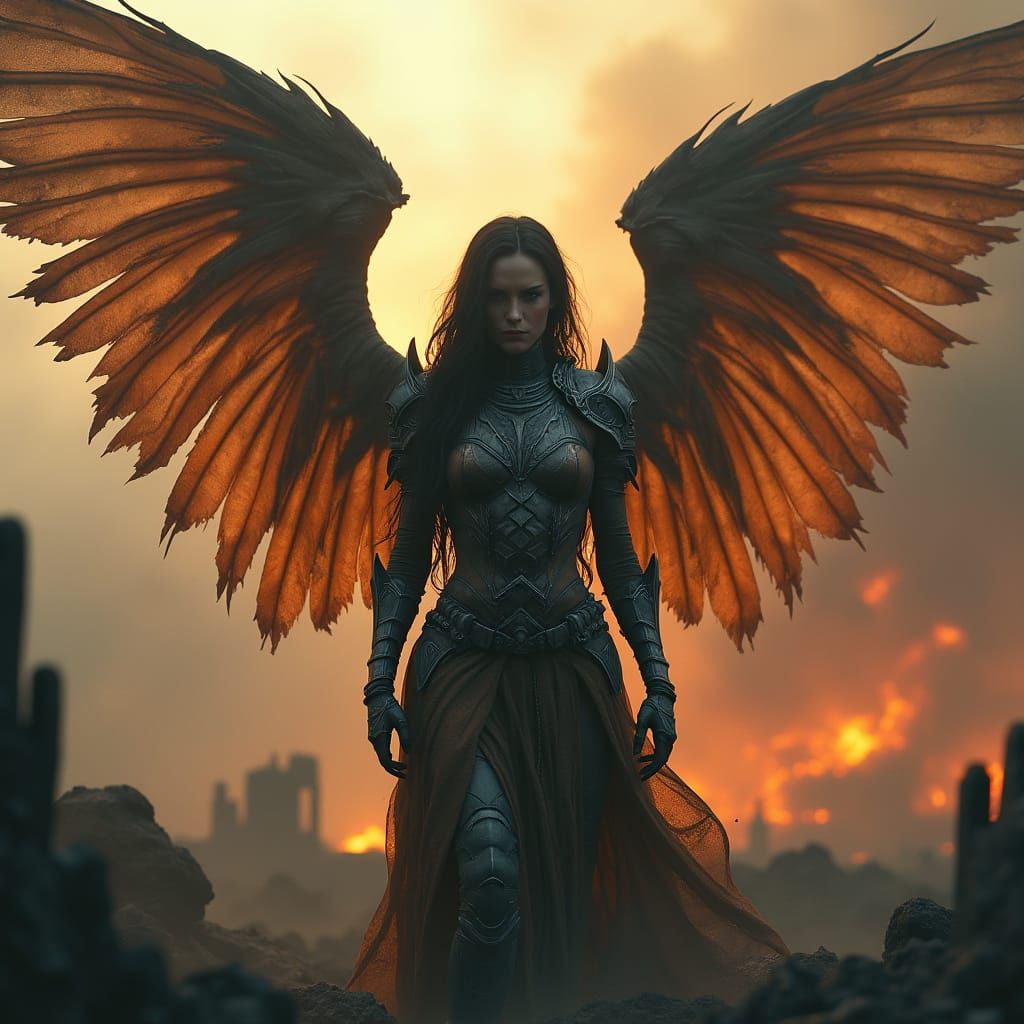Fallen Angel Warrior in Desolate Ruins