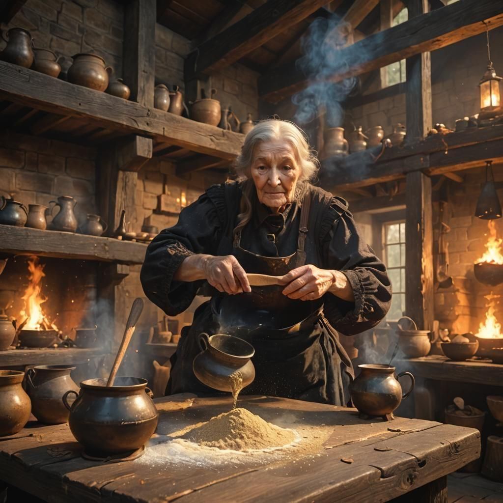 Dark Fantasy: Elderly Woman and Bubbling Pot