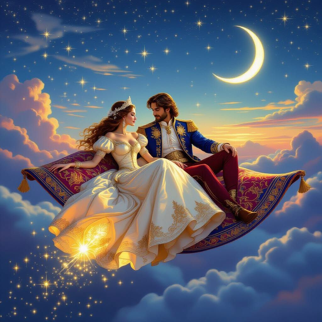 Princess and Husband Fly Magic Carpet Through Twilight Sky