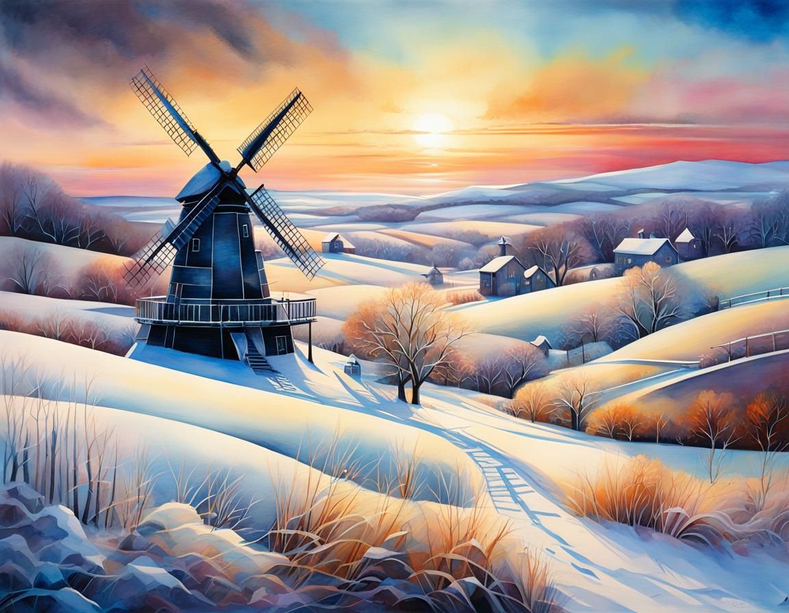 Winter Windmill Sunrise in Stylized Watercolor Art