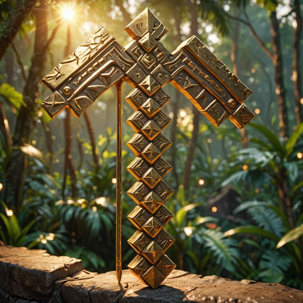 Golden Pickaxe Relic on Altar at Sunset