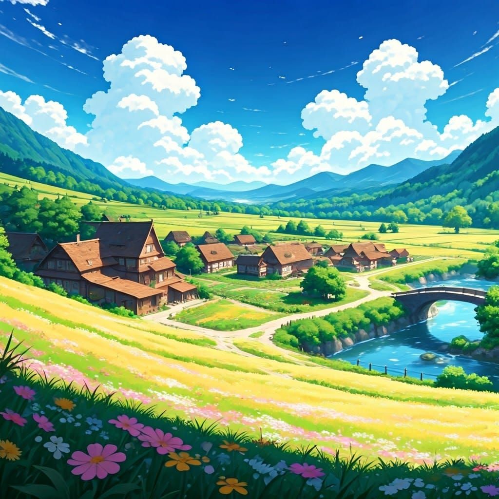 Anime Village Scene in a Lush Valley