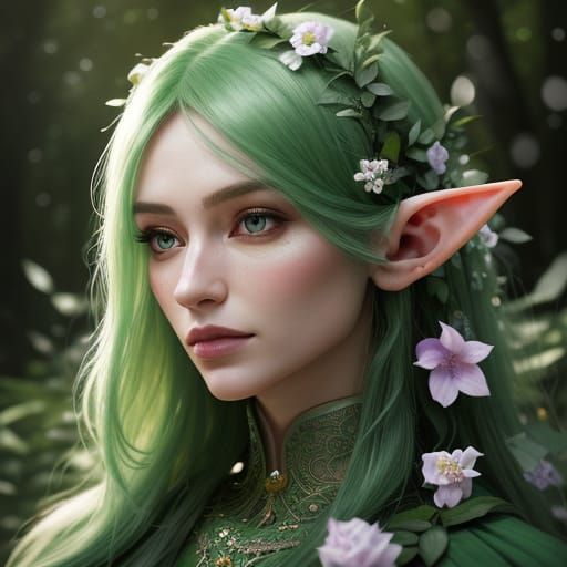 Hyperrealistic Female Elf in Forest with Bokeh Flowers
