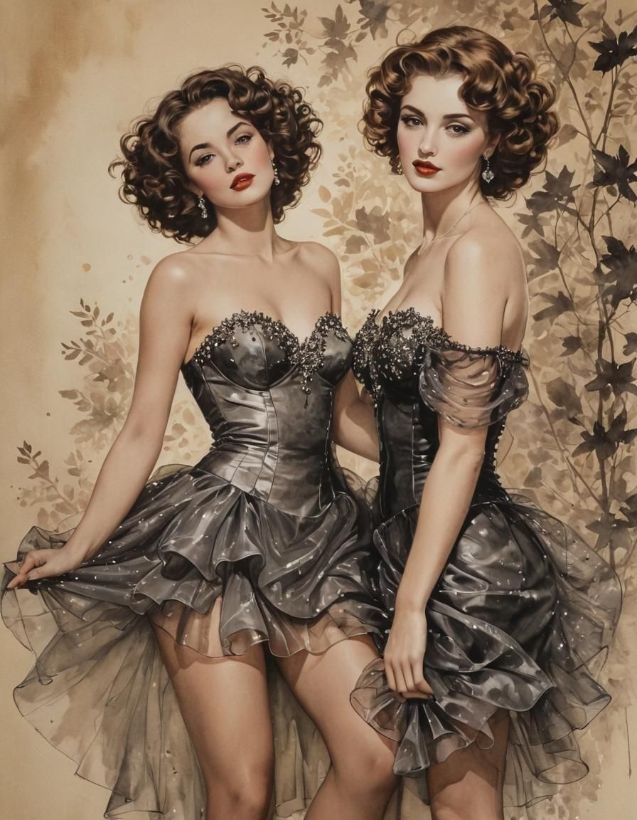 Botanical Alcohol Ink Portrait of Two Women