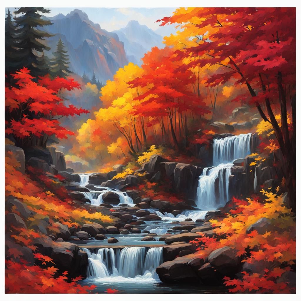 Autumn Waterfall Inspired by Waterhouse and Anime