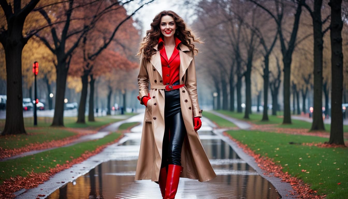 Gorgeous Girl in Red Gloves Walks in Snowy Park