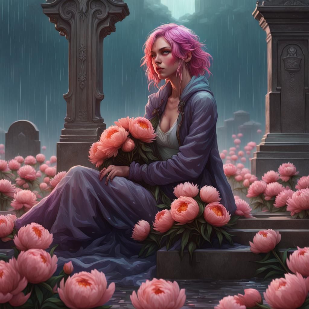 Woman with Flowers at Grave, Digital Art