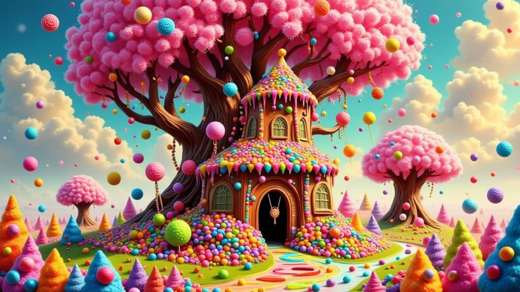Vibrant Gingerbread Treehouse in Whimsical Candyland Wonderl...