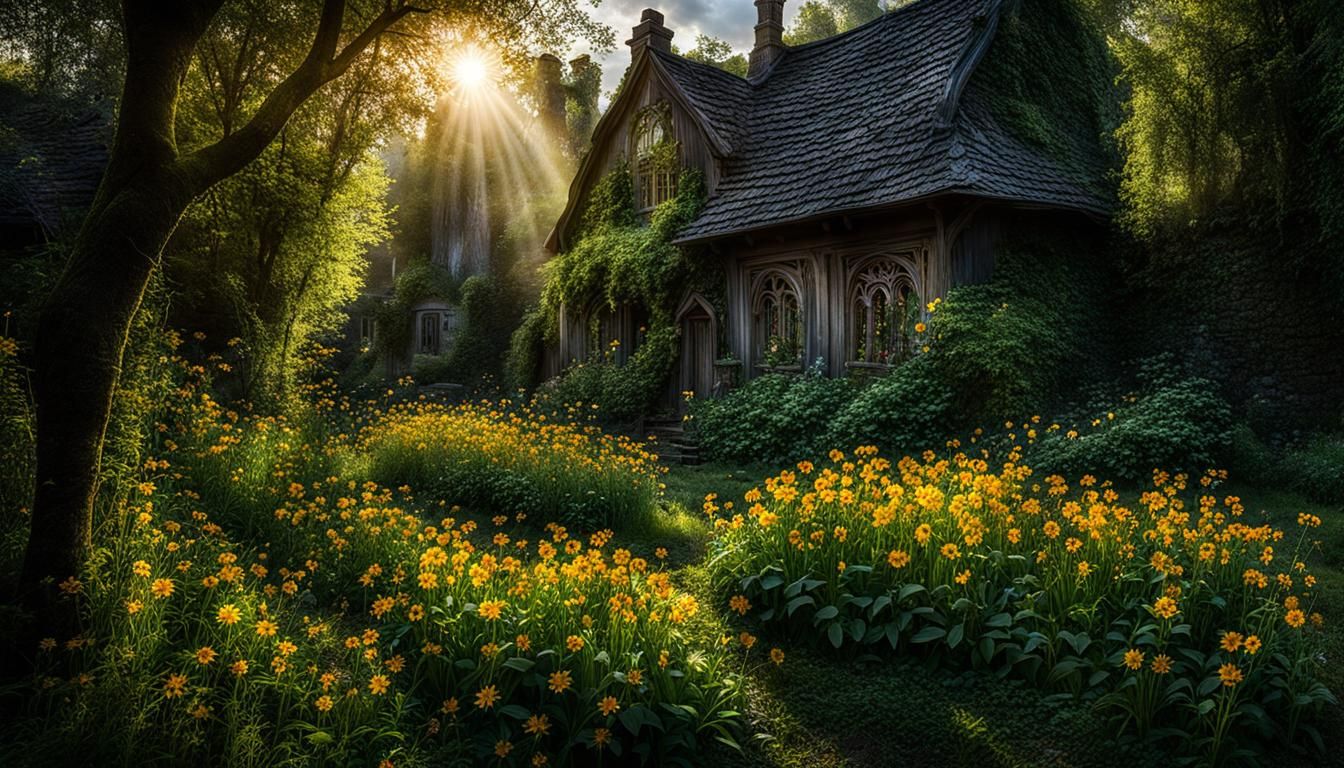 Sunlit Garden Between Dark Houses: Fairytale Art