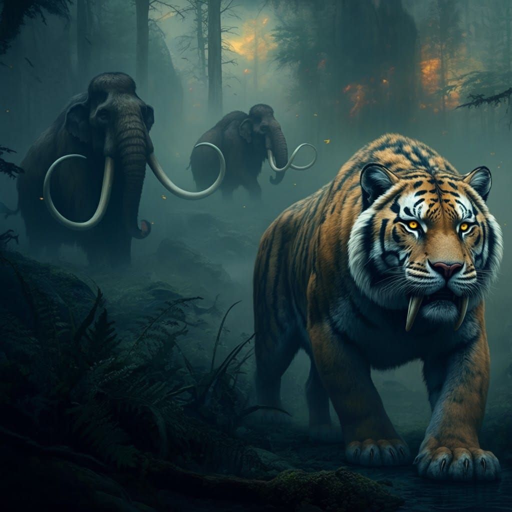 Sabertooth Tiger Hunting Mammoths in Mystical Prehistoric La...