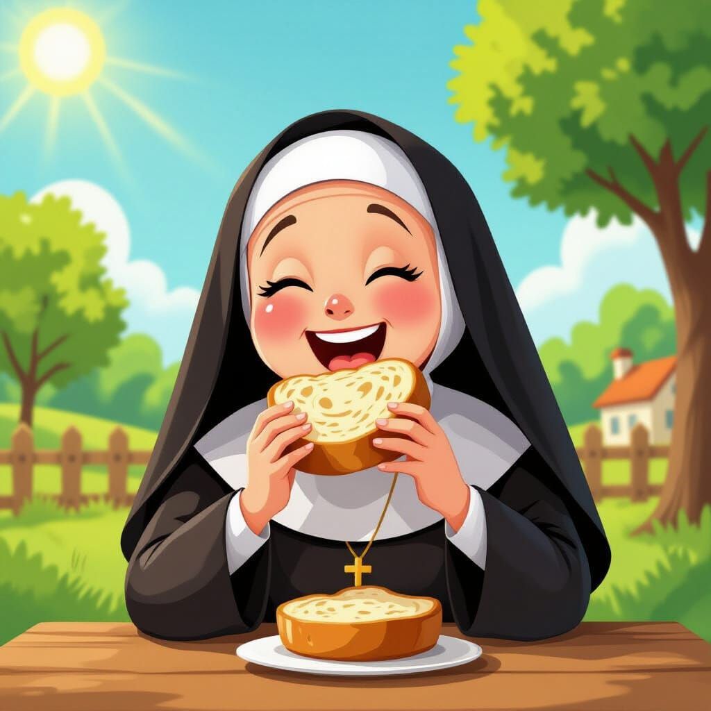Cartoon Nun Enjoying Sunny Snack Time