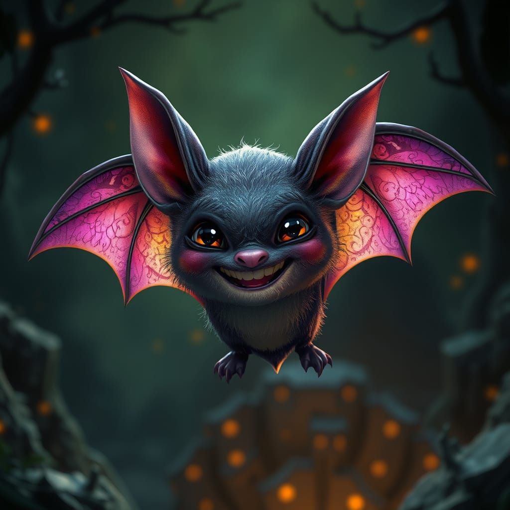 Whimsical Bat in Dark Fantasy Landscape