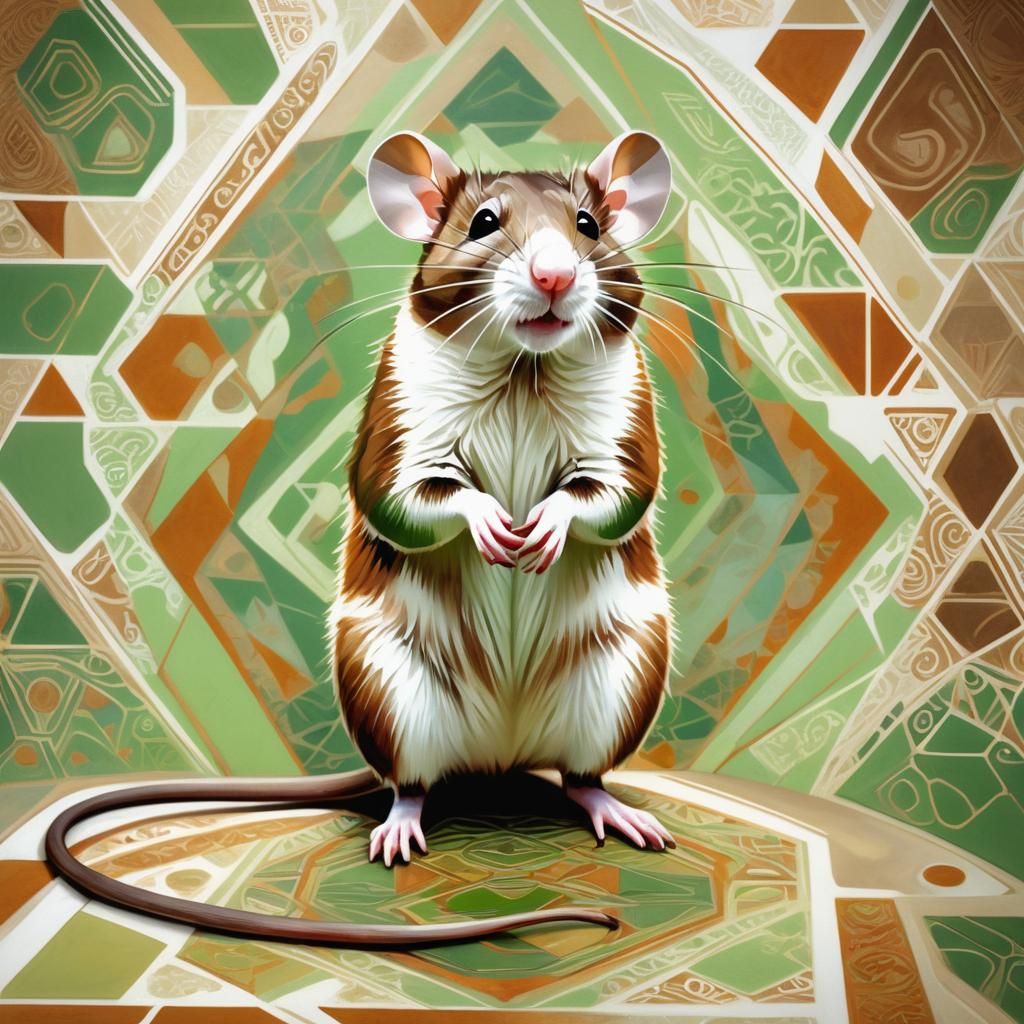 Photorealistic Rat Portrait in 1970s Geometric Setting