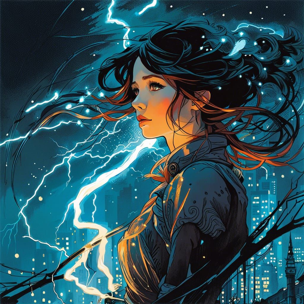 Girl in Lightning Storm: Intricate Scribble Art