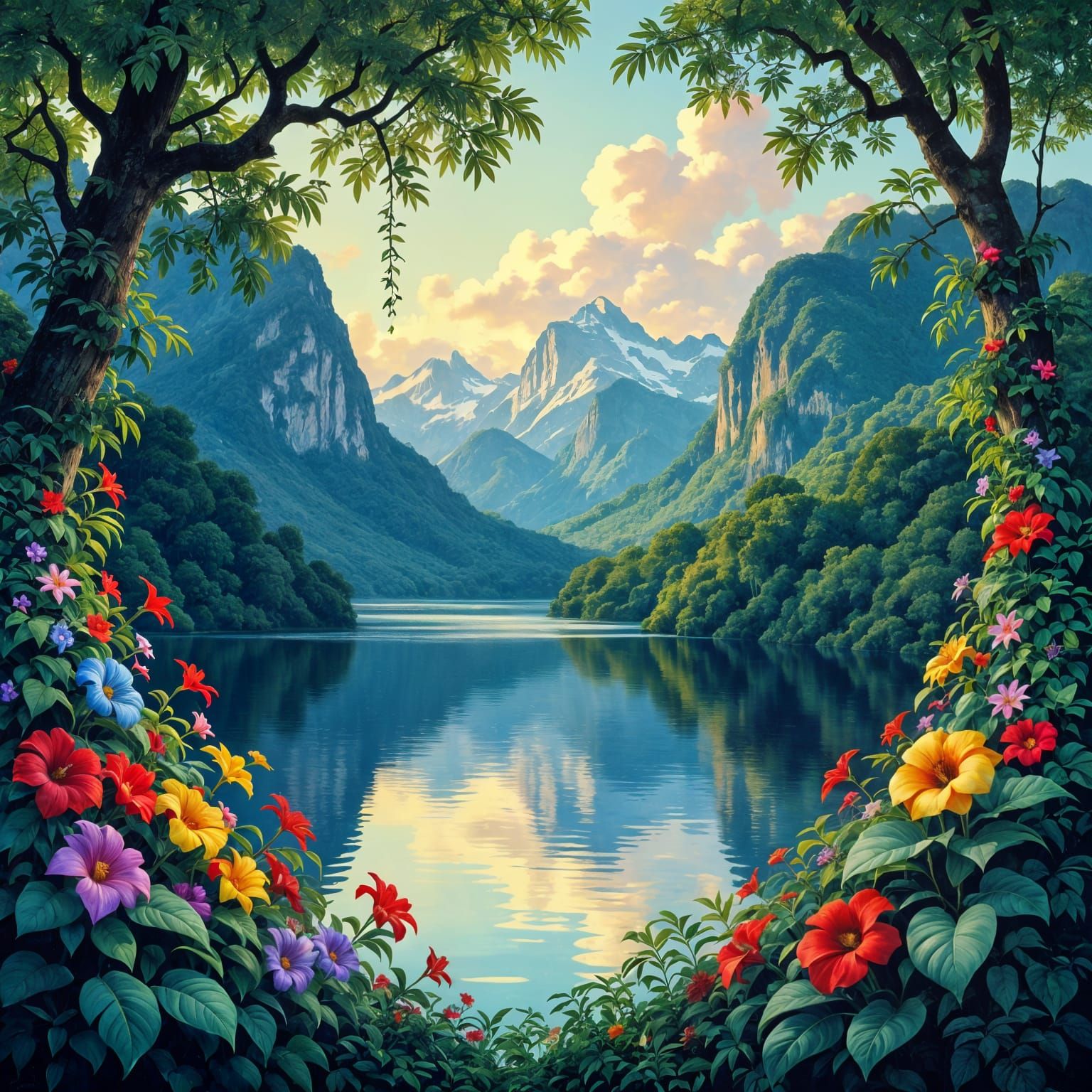 Exotic Jungle Waterfall in Arthur Rackham Style